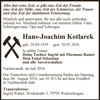 Traueranzeige von Hans-Joachim Kotlarek von Super Sonntag Aschersleben