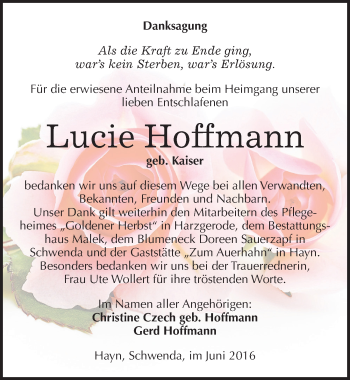 Traueranzeige von Lucie Hoffmann von Mitteldeutsche Zeitung Sangerhausen