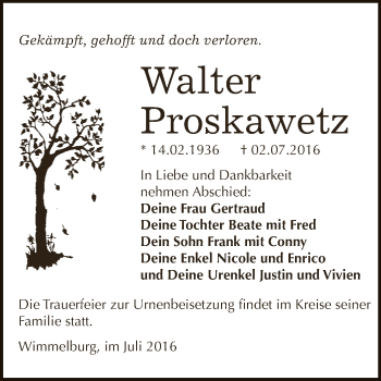 Traueranzeige von Walter Proskawetz von Wochenspiegel Mansfelder Land