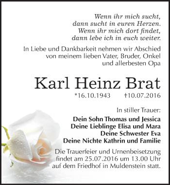 Traueranzeige von Karl Heinz Brat von Mitteldeutsche Zeitung Bitterfeld