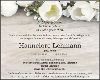 Traueranzeige von Hannelore Lehmann von Super Sonntag Quedlinburg