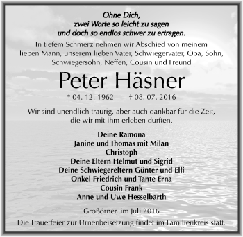 Traueranzeige von Peter Häsner von Mitteldeutsche Zeitung Mansfelder Land