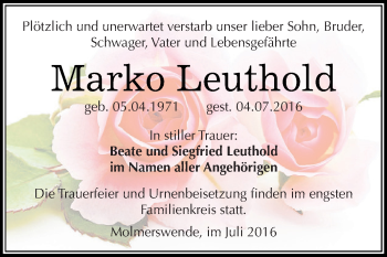 Traueranzeige von Marko Leuthold von Super Sonntag SGH Mansf. Land