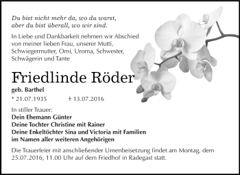 Traueranzeige von Friedlinde Röder von WVG - Wochenspiegel Bitterfeld