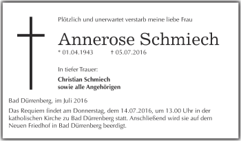 Traueranzeige von Annerose Schmiech von Super Sonntag Merseburg