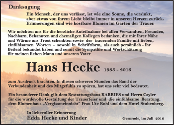 Traueranzeige von Hans Hecke von Mitteldeutsche Zeitung