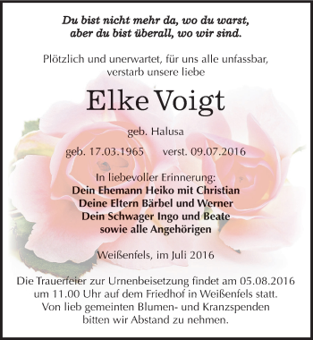 Traueranzeige von Elke Voigt von Mitteldeutsche Zeitung Weißenfels