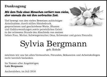 Traueranzeige von Sylvia Bergmann von Mitteldeutsche Zeitung Aschersleben