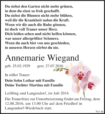 Traueranzeige von Annemarie Wiegand von Mitteldeutsche Zeitung Weißenfels