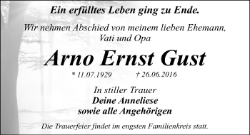 Traueranzeige von Arno Ernst Gust von Mitteldeutsche Zeitung Dessau-Roßlau