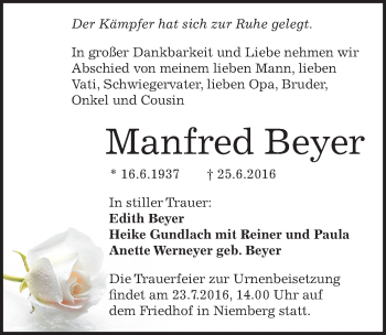 Traueranzeige von Manfred Beyer von Mitteldeutsche Zeitung Halle/Saalkreis