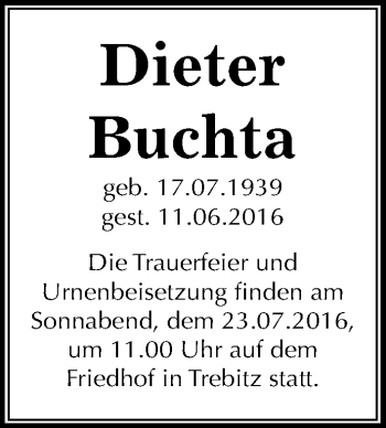 Traueranzeige von Dieter Buchta von Mitteldeutsche Zeitung Wittenberg