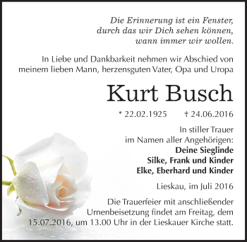 Traueranzeige von Kurt Busch von Mitteldeutsche Zeitung Halle/Saalkreis