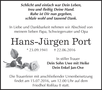 Traueranzeige von Hans-Jürgen Port von WVG - Wochenspiegel Dessau / Köthen