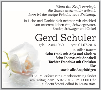 Traueranzeige von Gerd Schuler von WVG - Wochenspiegel Merseburg