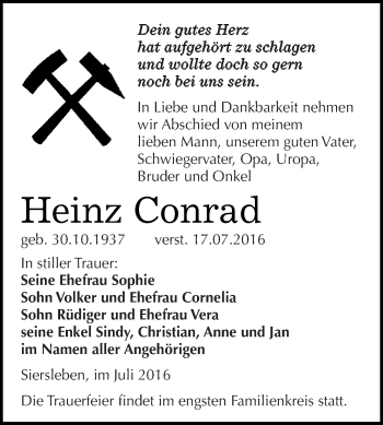 Traueranzeige von Heinz Conrad von Wochenspiegel Mansfelder Land