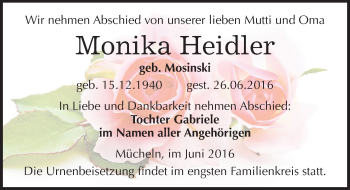 Traueranzeige von Monika Heidler von Mitteldeutsche Zeitung Merseburg/Querfurt