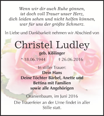 Traueranzeige von Christel Ludley von WVG - Wochenspiegel Wittenberg