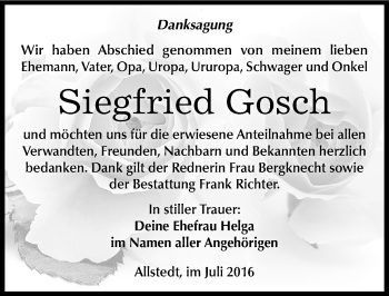 Traueranzeige von Siegfried Gosch von Mitteldeutsche Zeitung Sangerhausen