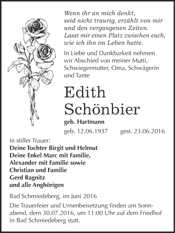Traueranzeige von Edith Schönbier von WVG - Wochenspiegel Wittenberg