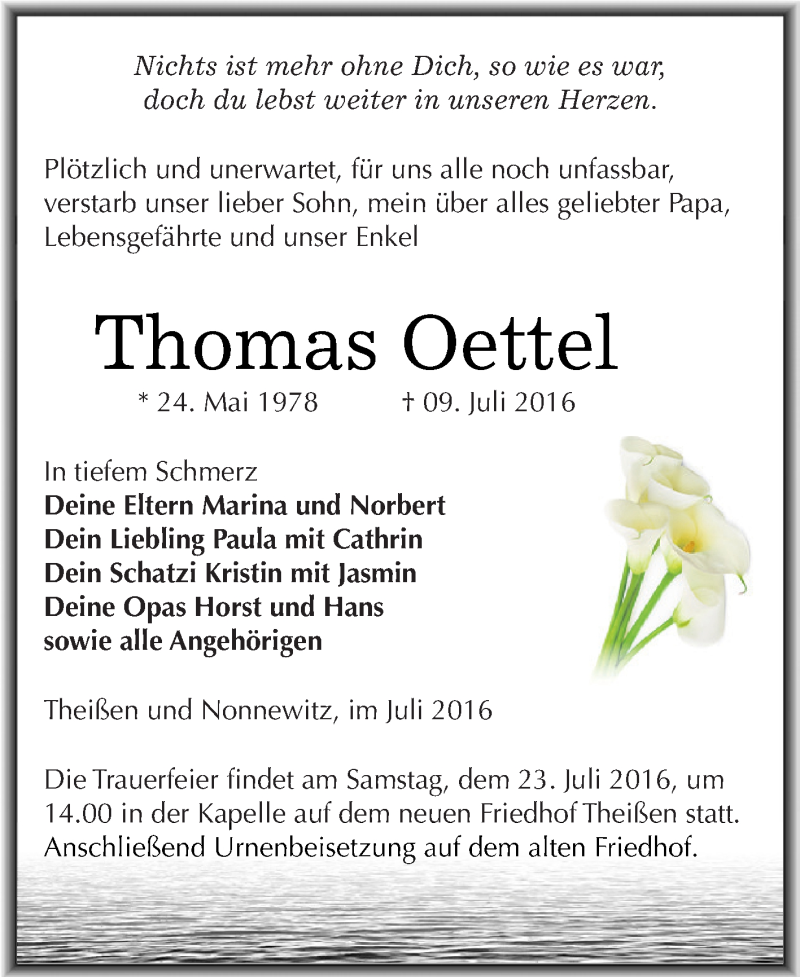  Traueranzeige für Thomas Oettel vom 16.07.2016 aus Super Sonntag Zeitz