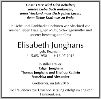 Traueranzeige von Elisabeth Junghans von Mitteldeutsche Zeitung Mansfelder Land