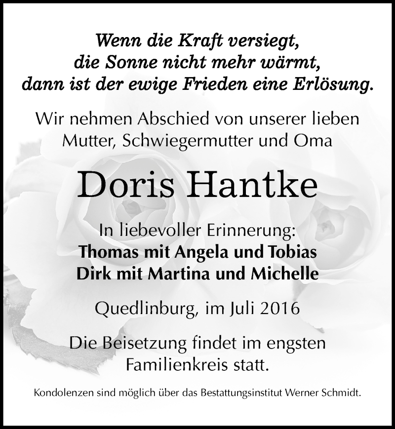  Traueranzeige für Doris Hantke vom 09.07.2016 aus Mitteldeutsche Zeitung Quedlinburg