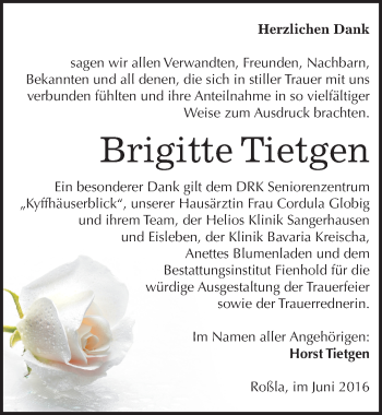 Traueranzeige von Brigitte Tietgen von Mitteldeutsche Zeitung Sangerhausen
