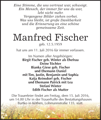 Traueranzeige von Manfred Fischer von Mitteldeutsche Zeitung Köthen