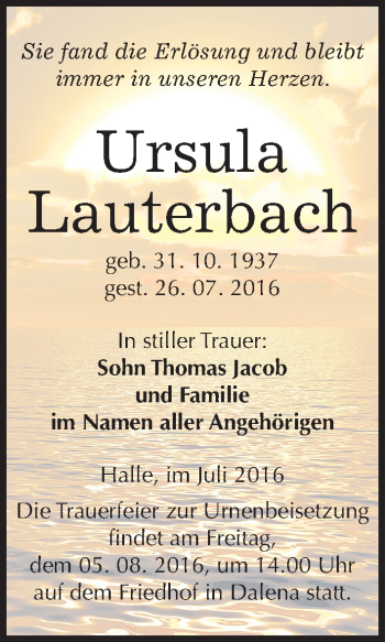 Traueranzeige von Ursula Lauterbach von Mitteldeutsche Zeitung Halle/Saalkreis
