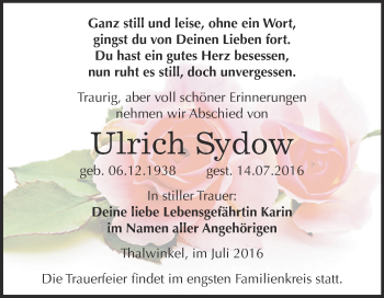 Traueranzeige von Ulrich Sydow von WVG - Wochenspiegel NMB / WSF / ZTZ