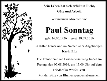 Traueranzeige von Paul Sonntag von Mitteldeutsche Zeitung Bitterfeld