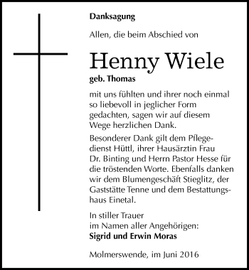 Traueranzeige von Henny Wiele von Mitteldeutsche Zeitung Quedlinburg