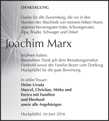 Traueranzeige von Joachim Marx von Super Sonntag SGH Mansf. Land