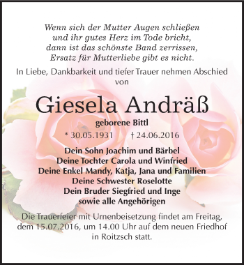 Traueranzeige von Giesela Andräß von Mitteldeutsche Zeitung Bitterfeld