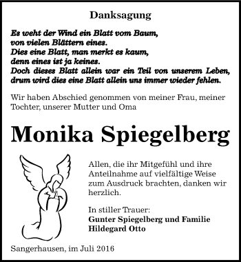 Traueranzeige von Monika Spiegelberg von Mitteldeutsche Zeitung Sangerhausen