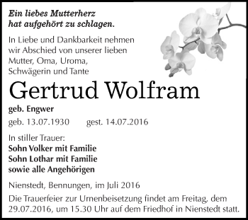 Traueranzeige von Gertrud Wolfram von Super Sonntag SGH Mansf. Land