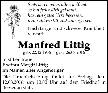Traueranzeige von Manfred Littig von Mitteldeutsche Zeitung Bernburg