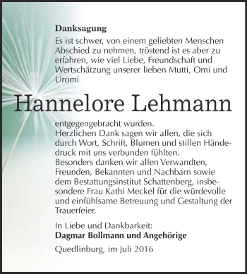 Traueranzeige von Hannelore Lehmann von Super Sonntag Quedlinburg