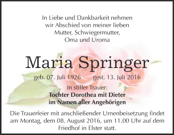Traueranzeige von Maria Springer von WVG - Wochenspiegel Wittenberg