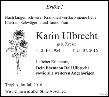 Traueranzeige von Karin Ulbrecht von Super Sonntag Zeitz