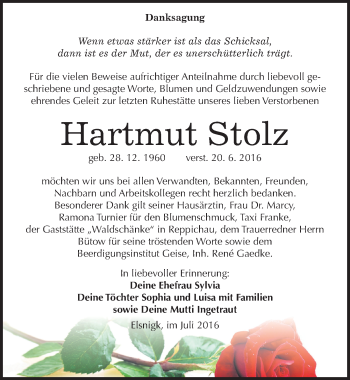 Traueranzeige von Hartmut Stolz von Mitteldeutsche Zeitung Köthen