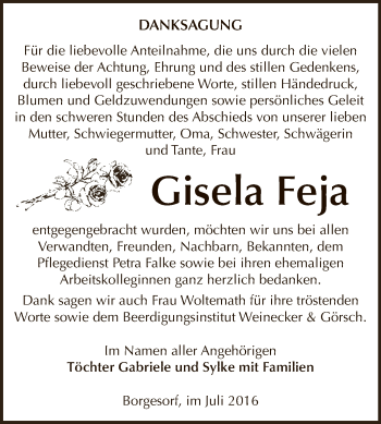 Traueranzeige von Gisela Feja von Super Sonntag Bernburg