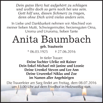 Traueranzeige von Anita Baumbach von WVG - Wochenspiegel Bitterfeld