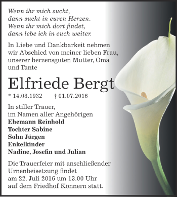 Traueranzeige von Elfriede Bergt von Super Sonntag Bernburg