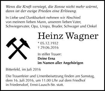 Traueranzeige von Heinz Wagner von Mitteldeutsche Zeitung Bitterfeld