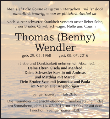 Traueranzeige von Thomas Wendler von Mitteldeutsche Zeitung Sangerhausen