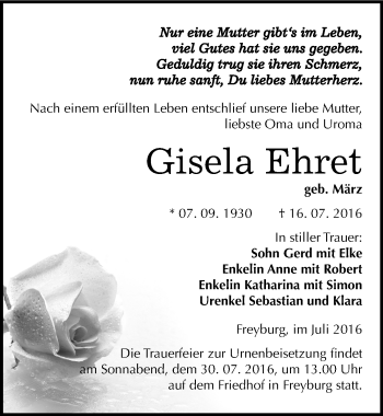 Traueranzeige von Gisela Ehret von Mitteldeutsche Zeitung Naumburg/Nebra