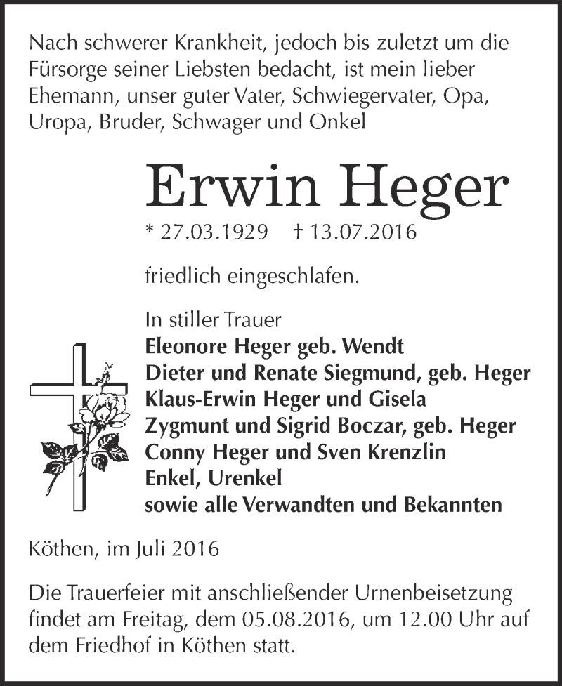  Traueranzeige für Erwin Heger vom 23.07.2016 aus WVG - Wochenspiegel Dessau / Köthen