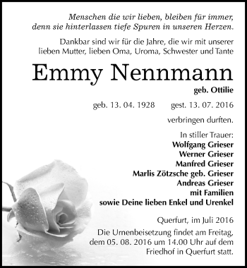 Traueranzeige von Emmy Nennmann von WVG - Wochenspiegel Merseburg